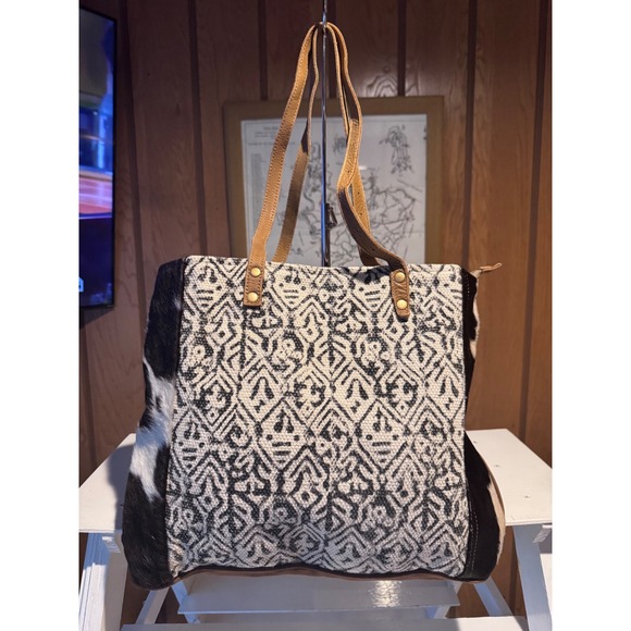 Mycha Bag Handbags - Mycha Bag Boho Cowhide Canvas Geometric Woven Tote Bag Leather Straps Graphic